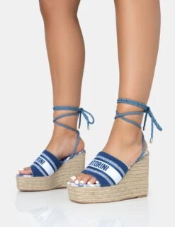 Take Off Navy Embroidered Santorini Lace Up Raffia Square Toe Wedge Heels -LoafLuxe Shop 771A2604
