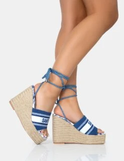 Take Off Navy Embroidered Santorini Lace Up Raffia Square Toe Wedge Heels -LoafLuxe Shop 771A2605