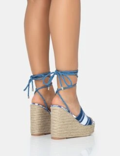 Take Off Navy Embroidered Santorini Lace Up Raffia Square Toe Wedge Heels -LoafLuxe Shop 771A2606