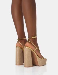 Blissful Gold Asymmetric Strappy Square Toe Raffia Platform Block Heels -LoafLuxe Shop 771A2652