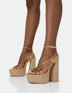 Blissful Gold Asymmetric Strappy Square Toe Raffia Platform Block Heels -LoafLuxe Shop 771A2653