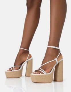 Blissful White PU Asymmetric Strappy Square Toe Raffia Platform Block Heels -LoafLuxe Shop 771A2662