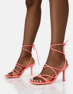 Duet Neon Pink Knot Strappy Lace Up Square Toe Mid Heels -LoafLuxe Shop 771A2671
