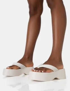 Kiko Ecru Padded Flip Flop Strap Platform Sandals -LoafLuxe Shop 771A2790