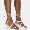 Mabel White Pu Ankle Tie Mid Block Heeled Sandals -LoafLuxe Shop 771A2796