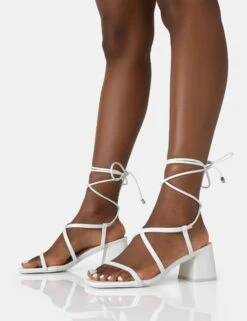 Mabel Wide Fit White Pu Ankle Tie Mid Block Heeled Sandals -LoafLuxe Shop 771A2798 090000ff e767 4704 8156 4e27aeb62c36