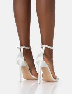 Immie Off White Satin Barely There Diamante Strap Pointed Toe Stiletto Heels -LoafLuxe Shop 771A2813