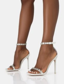 Immie Off White Satin Barely There Diamante Strap Pointed Toe Stiletto Heels -LoafLuxe Shop 771A2814