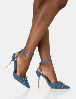Prowl Blue Denim Strappy Metal Detailed Slingback Wrap Around The Ankle Pointed Court Stiletto Heels -LoafLuxe Shop 771A2820