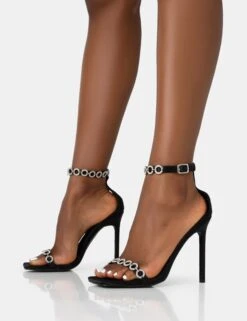 Immie Black Satin Barely There Diamante Strap Pointed Toe Stiletto Heels -LoafLuxe Shop 771A2828