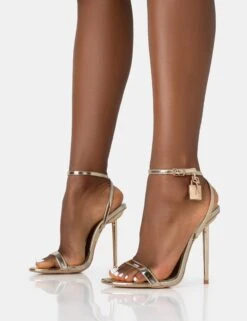 Ti Amo Gold Metallic PU Padlock Detail Barely There Pointed Toe Stilettos Heels -LoafLuxe Shop 771A2832