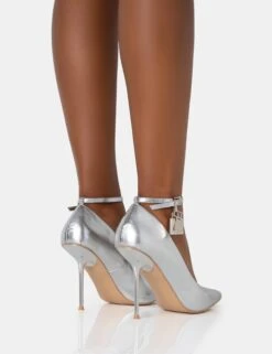 Lotty Metallic Silver Padlock Ankle Detail Pointed Court Stiletto Heels -LoafLuxe Shop 771A2836