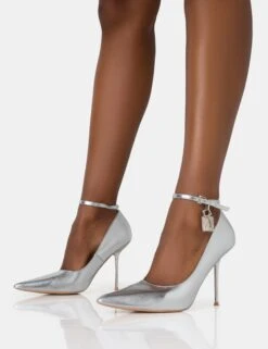 Lotty Metallic Silver Padlock Ankle Detail Pointed Court Stiletto Heels -LoafLuxe Shop 771A2837