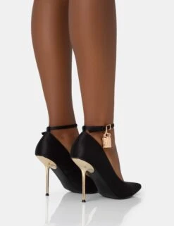 Lotty Black Satin Padlock Ankle Detail Pointed Court Stiletto Heels -LoafLuxe Shop 771A2844