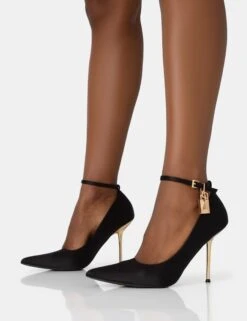 Lotty Black Satin Padlock Ankle Detail Pointed Court Stiletto Heels -LoafLuxe Shop 771A2845
