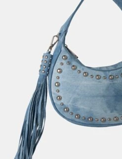 The Cato Washed Blue Denim Bleached Studded Tassel Boho Shoulder Bag -LoafLuxe Shop 771A2911