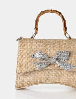 The Bow Natural Raffia Bamboo Handle Diamante Bow Grab Bag -LoafLuxe Shop 771A2925