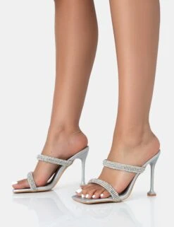 Regina Silver Sparkly Diamante Stiletto Square Toe High Heels -LoafLuxe Shop 771A3393