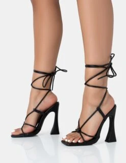 Lizzy Black Pu Lace Up Square Toe Curved High Block Heels -LoafLuxe Shop 771A3408
