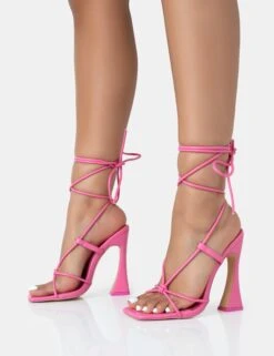 Lizzy Pink Pu Lace Up Square Toe Curved High Block Heels -LoafLuxe Shop 771A3412