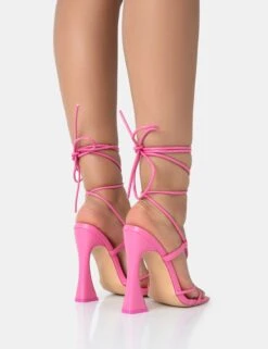 Lizzy Pink Pu Lace Up Square Toe Curved High Block Heels -LoafLuxe Shop 771A3414