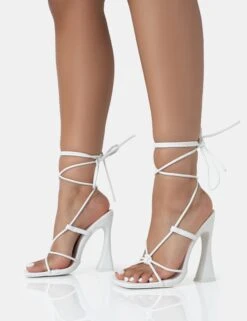 Lizzy White Pu Lace Up Square Toe Curved High Block Heels -LoafLuxe Shop 771A3416