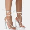 Lizzy White Pu Lace Up Square Toe Curved High Block Heels -LoafLuxe Shop 771A3420