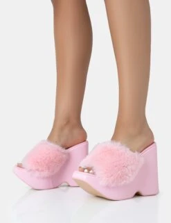 Cutie Pink Faux Fur Platform Wedge Heels -LoafLuxe Shop 771A3425