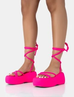 Full Moon Hot Pink Nylon Lace Up Chunky Platform Sandals -LoafLuxe Shop 771A3437
