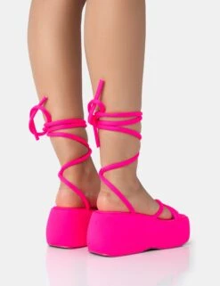 Full Moon Hot Pink Nylon Lace Up Chunky Platform Sandals -LoafLuxe Shop 771A3439