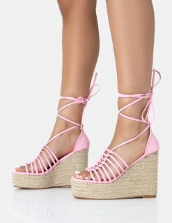 Reece Baby Pink PU Knot Strap Lace Up Raffia Wedge Heels -LoafLuxe Shop 771A3441