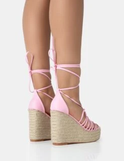 Reece Baby Pink PU Knot Strap Lace Up Raffia Wedge Heels -LoafLuxe Shop 771A3443