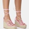 Reece Baby Pink PU Knot Strap Lace Up Raffia Wedge Heels -LoafLuxe Shop 771A3444
