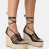 Reece Black PU Knot Strap Lace Up Raffia Wedge Heels -LoafLuxe Shop 771A3449