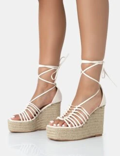 Reece Wide Fit Ecru Pu Knot Strap Lace Up Raffia Wedge Heels -LoafLuxe Shop 771A3450