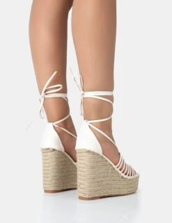 Reece Wide Fit Ecru Pu Knot Strap Lace Up Raffia Wedge Heels -LoafLuxe Shop 771A3452