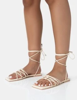 Kelly Ecru PU Lace Up Flat Square Toe Sandals -LoafLuxe Shop 771A3464 2f50fa0c f796 4452 b4f0 6fee0826034d