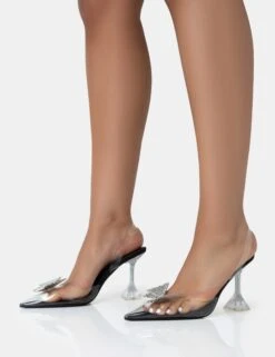 Stormi Black Satin Butterfly Diamante Slingback Pointed Court Stiletto Heels -LoafLuxe Shop 771A3480