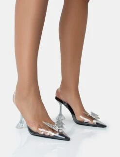 Stormi Black Satin Butterfly Diamante Slingback Pointed Court Stiletto Heels