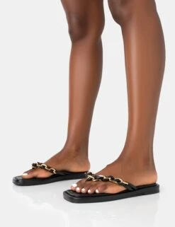 Retreat Black PU Chain Strap Flip Flop Sandals -LoafLuxe Shop 771A3497