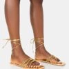 Kelly Gold Pu Lace Up Flat Square Toe Sandals -LoafLuxe Shop 771A3504copy
