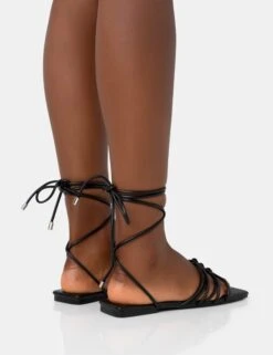 Kelly Black PU Lace Up Flat Square Toe Sandals -LoafLuxe Shop 771A3509 3b855f4a ad6a 414b 8ce4 85cca3fa0f2c