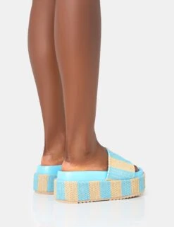 Seashore Blue Stripe Raffia Slider Flatform Sandals -LoafLuxe Shop 771A3513