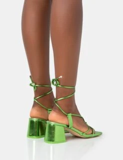 Aloha Green Metallic Lace Up Block Mid Heeled Sandals -LoafLuxe Shop 771A3542