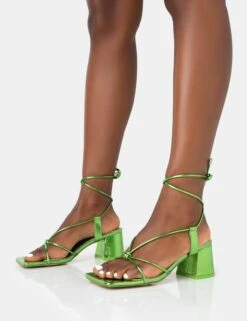 Aloha Green Metallic Lace Up Block Mid Heeled Sandals -LoafLuxe Shop 771A3543 61e55ef8 5a1d 4983 aa62 87f88bcb7c95