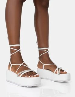Malia White PU Diamante Strap Lace Up Chunky Platform Sandals