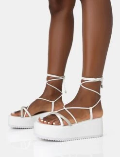 Malia White PU Diamante Strap Lace Up Chunky Platform Sandals -LoafLuxe Shop 771A3585