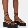Malia Black Pu Diamante Strap Lace Up Chunky Platform Sandals -LoafLuxe Shop 771A3587