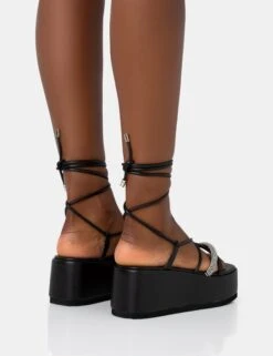 Malia Black Pu Diamante Strap Lace Up Chunky Platform Sandals -LoafLuxe Shop 771A3588
