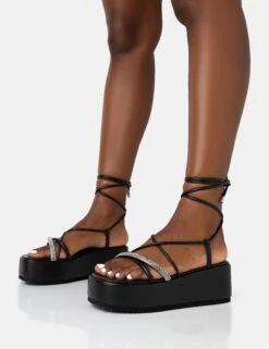 Malia Black Pu Diamante Strap Lace Up Chunky Platform Sandals -LoafLuxe Shop 771A3589